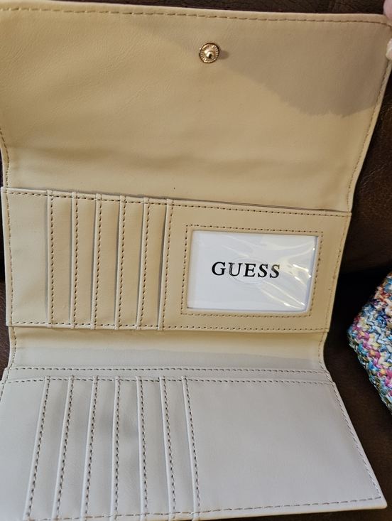 Boho Bundle! Woven Fabric Tote Bag Metal Handle Pom Poms And NWT Guess Wallet - Picture 6 of 12